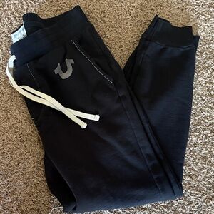 True Religion Black Sweatpants with Light Gray Drawstring and Logo